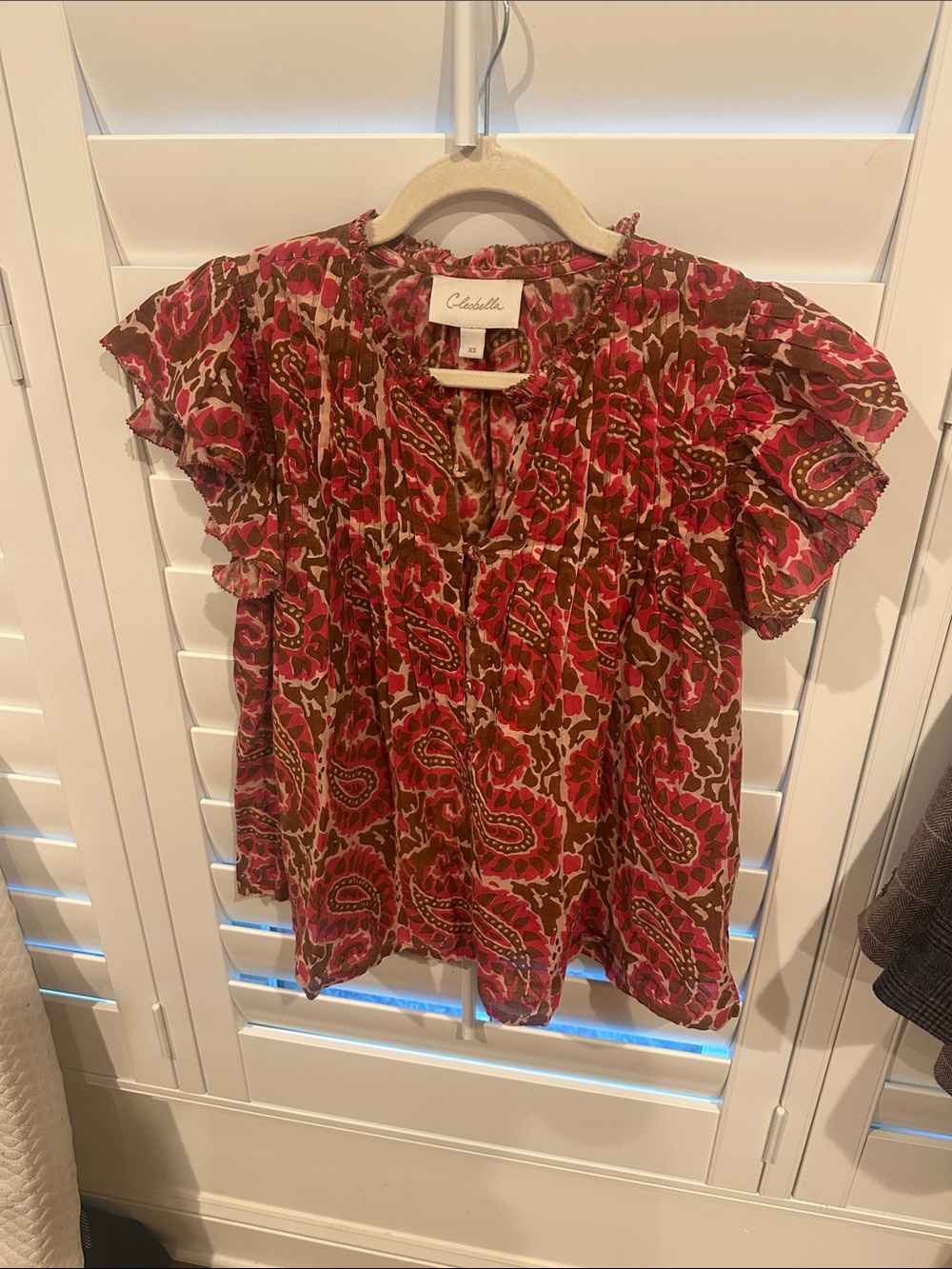 Cleobella Red and Brown Paisley Ruffle-Sleeve Blouse